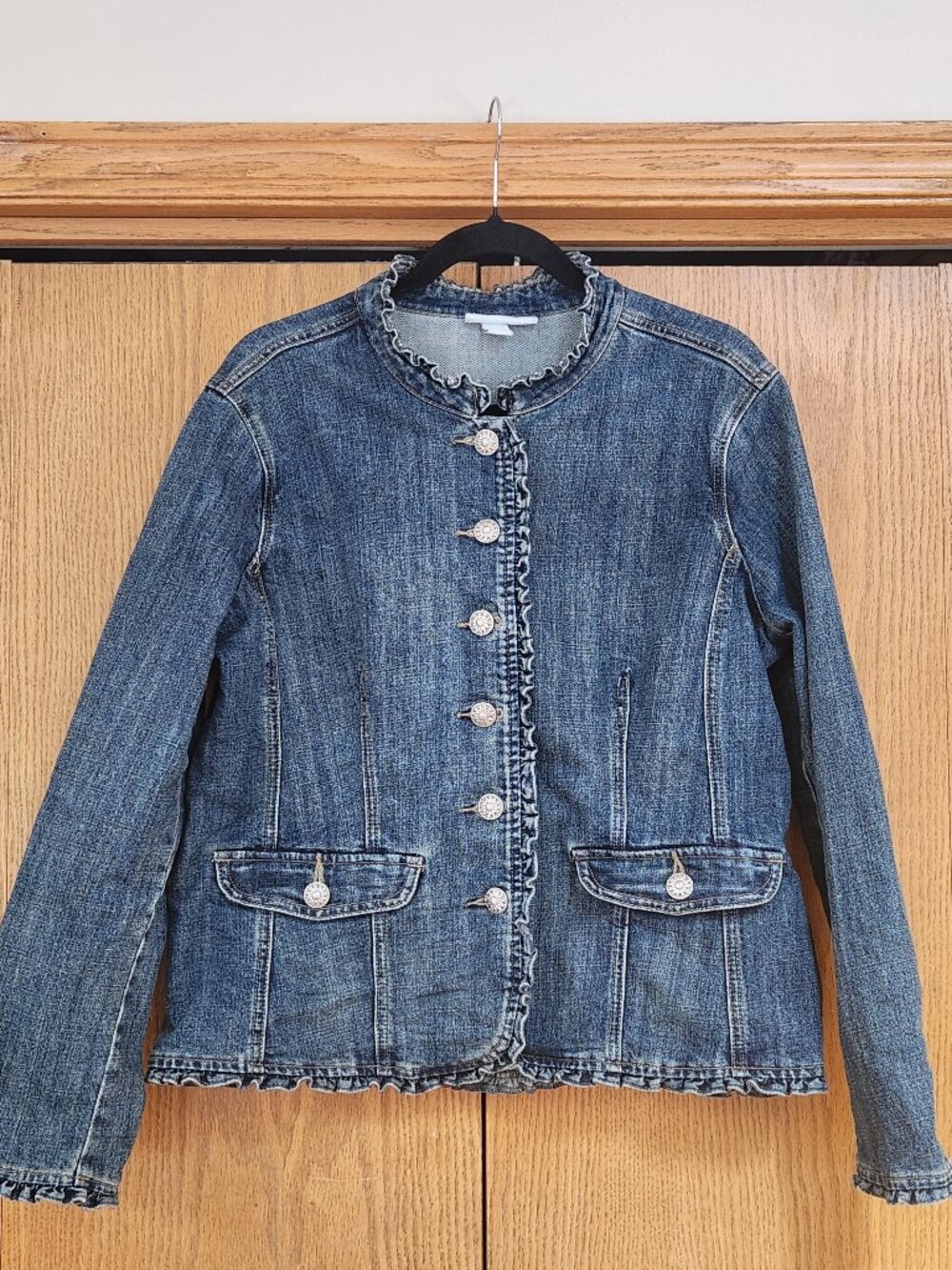 Dressbarn Collarless Ruffle Trim Denim Jacket Blue Casual Sz XL